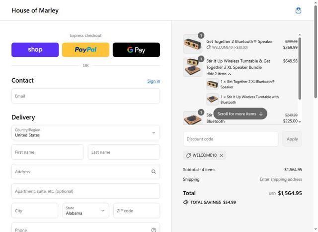 House of Marley checkout page showing House of Marley coupon code box | Screenshot taken by SimplyCodes community member on Sep 12, 2025
