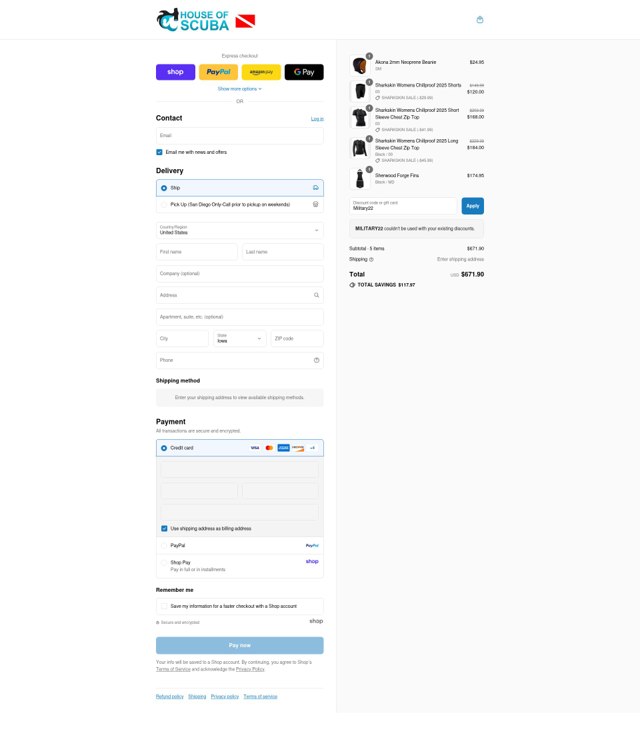 House of Scuba checkout page showing House of Scuba discount code box | Screenshot taken by SimplyCodes community member on Aug 31, 2025