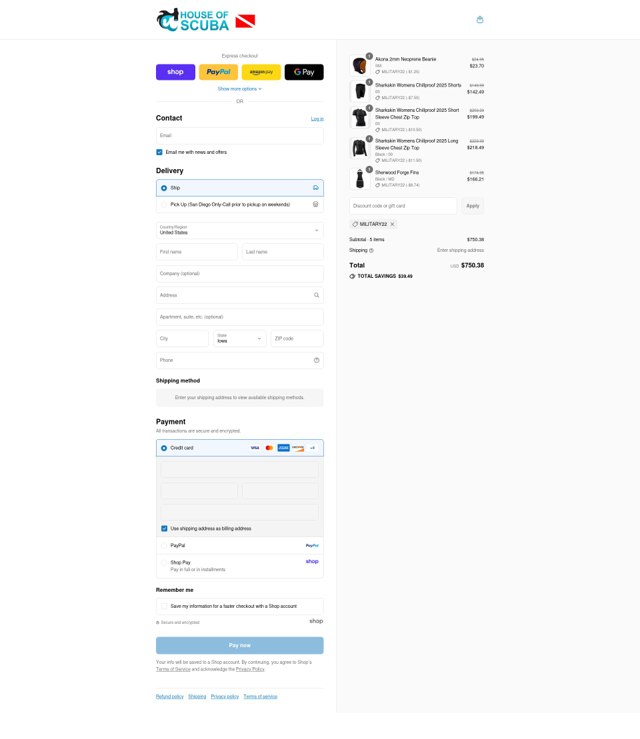 House of Scuba checkout page showing House of Scuba discount code box | Screenshot taken by SimplyCodes community member on Sep 4, 2025