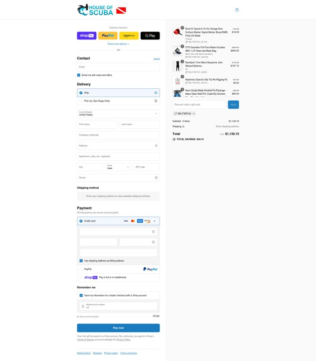 House of Scuba checkout page showing House of Scuba discount code box | Screenshot taken by SimplyCodes community member on Jul 27, 2025