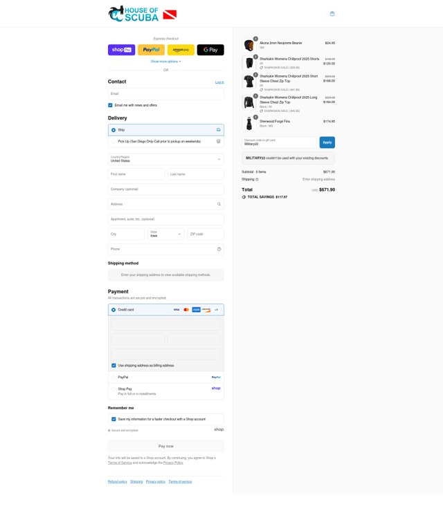 House of Scuba checkout page showing House of Scuba discount code box | Screenshot taken by SimplyCodes community member on Aug 23, 2025