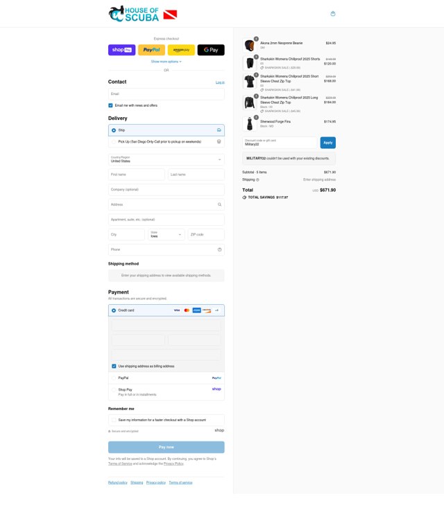 House of Scuba checkout page showing House of Scuba discount code box | Screenshot taken by SimplyCodes community member on Aug 27, 2025