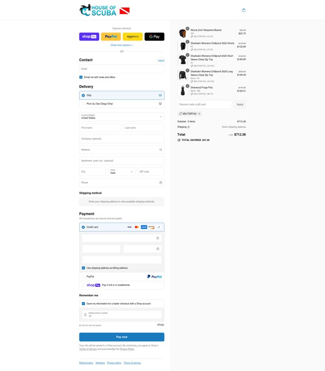 House of Scuba checkout page showing House of Scuba discount code box | Screenshot taken by SimplyCodes community member on Aug 9, 2025