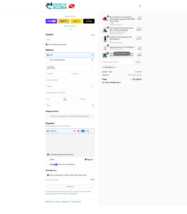 House of Scuba checkout page showing House of Scuba discount code box | Screenshot taken by SimplyCodes community member on Aug 1, 2025