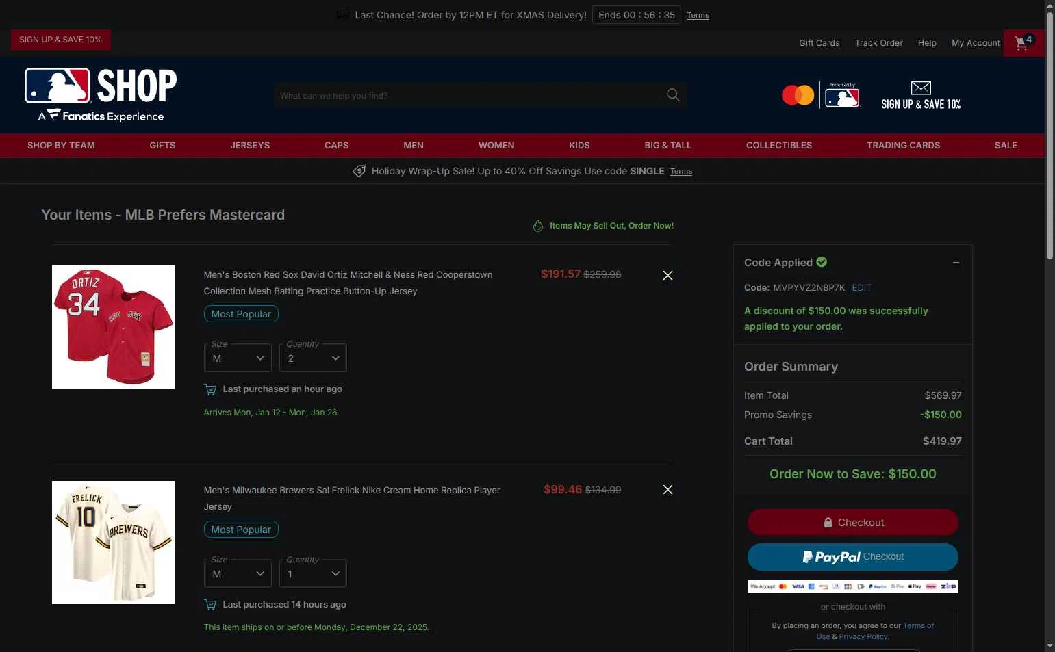 Houston Astros checkout page showing Houston Astros promo code box | Screenshot taken by SimplyCodes community member on Dec 22, 2025