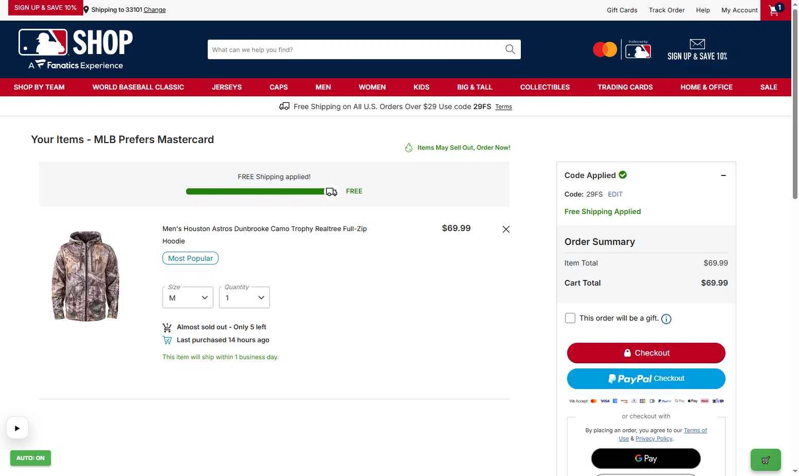 Houston Astros checkout page showing Houston Astros promo code box | Screenshot taken by SimplyCodes community member on Jan 19, 2026