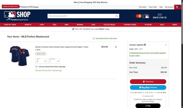 Houston Astros checkout page showing Houston Astros promo code box | Screenshot taken by SimplyCodes community member on Sep 27, 2025