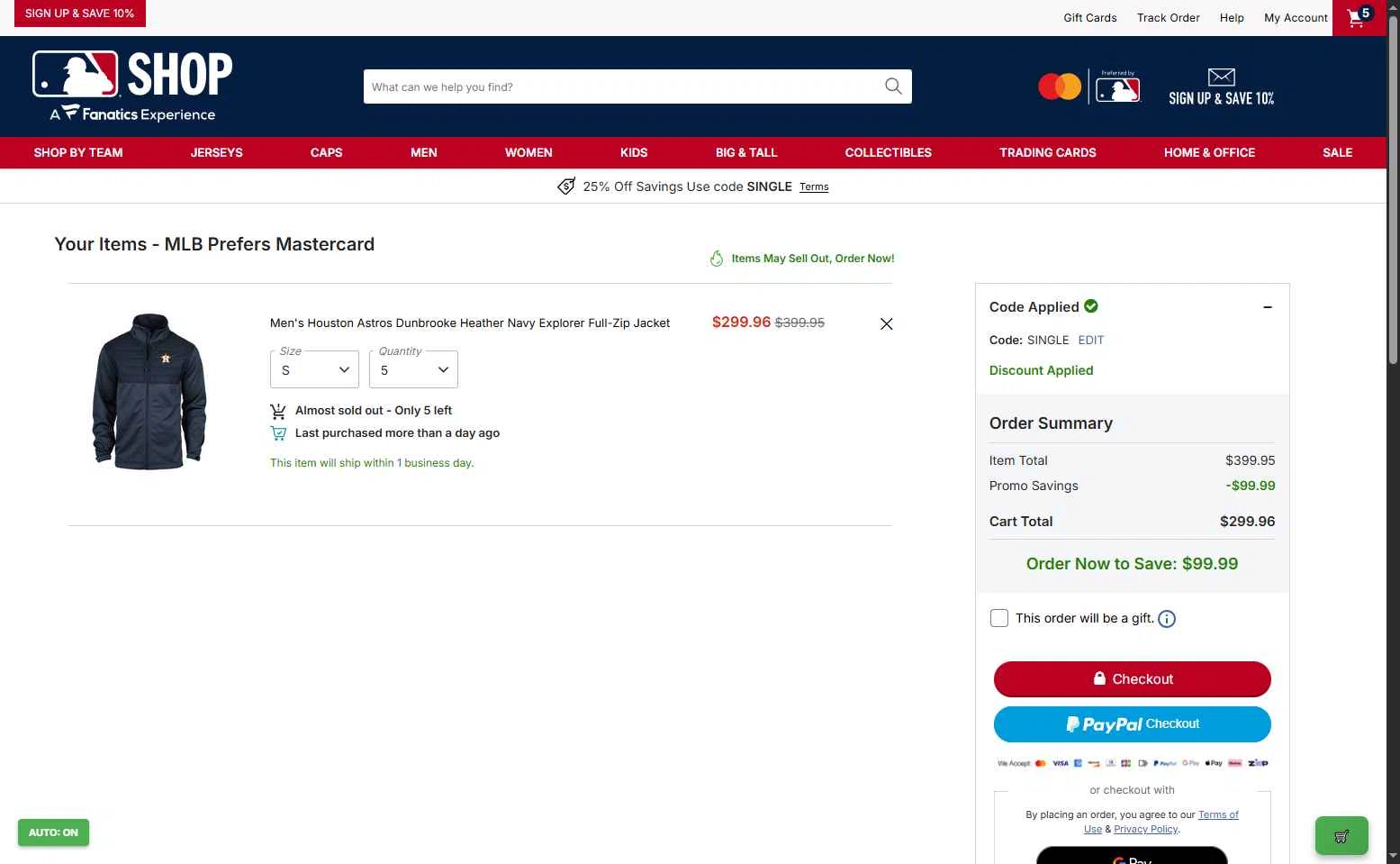 Houston Astros checkout page showing Houston Astros promo code box | Screenshot taken by SimplyCodes community member on Jan 15, 2026