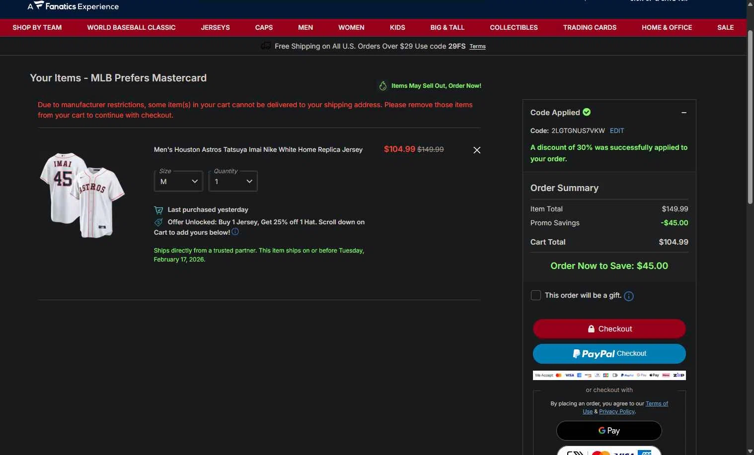 Houston Astros checkout page showing Houston Astros promo code box | Screenshot taken by SimplyCodes community member on Feb 2, 2026