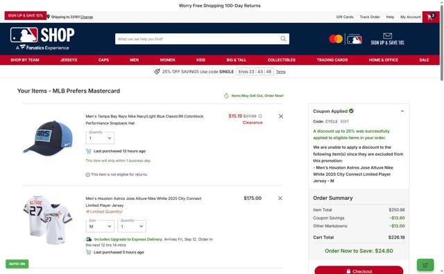 Houston Astros checkout page showing Houston Astros promo code box | Screenshot taken by SimplyCodes community member on Sep 10, 2025