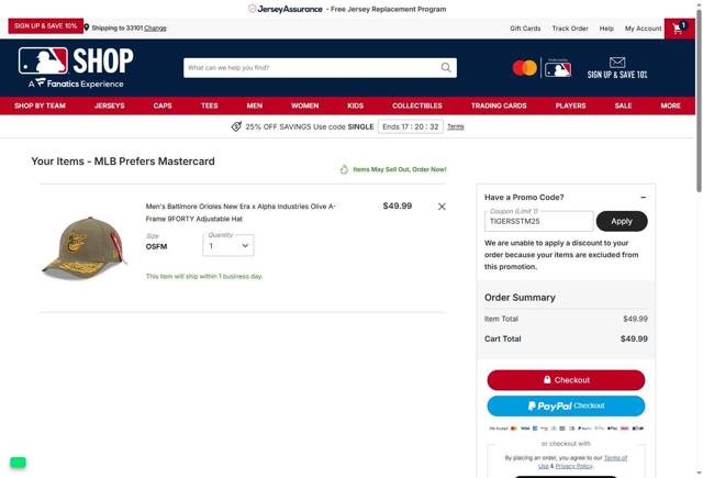 Houston Astros checkout page showing Houston Astros promo code box | Screenshot taken by SimplyCodes community member on Sep 29, 2025
