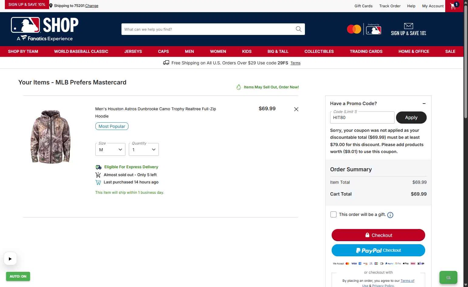 Houston Astros checkout page showing Houston Astros promo code box | Screenshot taken by SimplyCodes community member on Jan 19, 2026