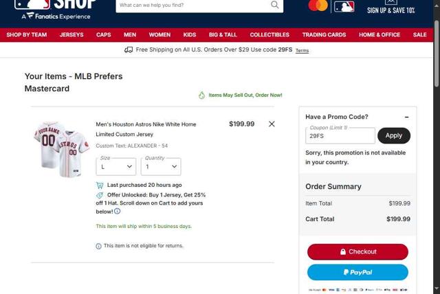Houston Astros checkout page showing Houston Astros promo code box | Screenshot taken by SimplyCodes community member on Sep 3, 2025