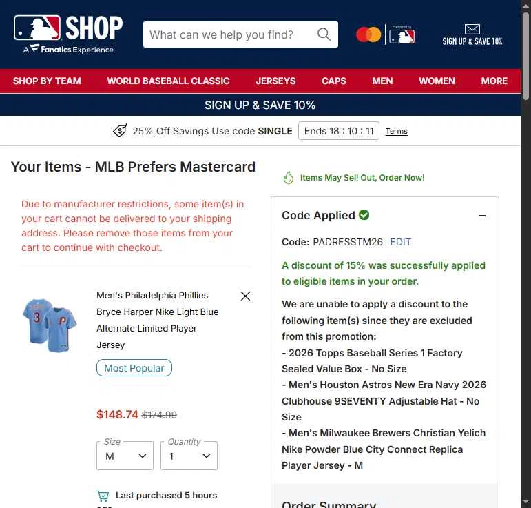 Houston Astros checkout page showing Houston Astros promo code box | Screenshot taken by SimplyCodes community member on Feb 24, 2026