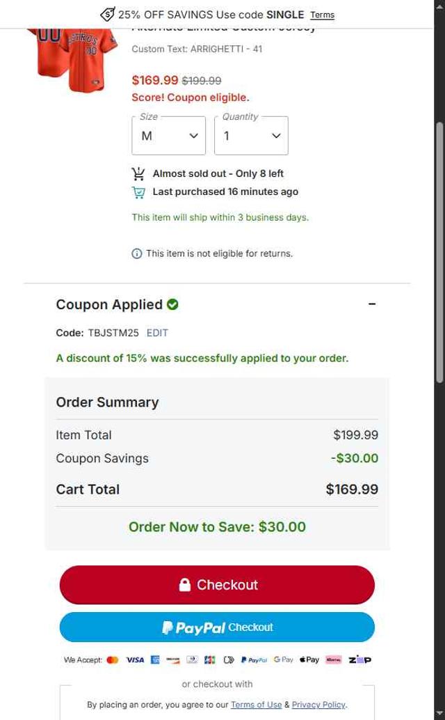 Houston Astros checkout page showing Houston Astros promo code box | Screenshot taken by SimplyCodes community member on Oct 5, 2025