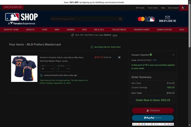 Houston Astros checkout page showing Houston Astros promo code box | Screenshot taken by SimplyCodes community member on Sep 27, 2025