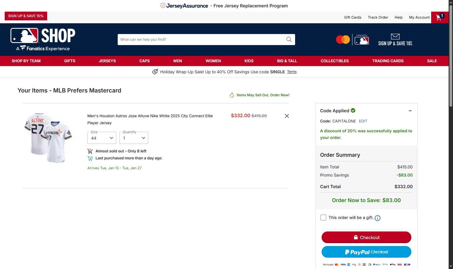 Houston Astros checkout page showing Houston Astros promo code box | Screenshot taken by SimplyCodes community member on Dec 28, 2025