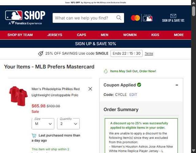 Houston Astros checkout page showing Houston Astros promo code box | Screenshot taken by SimplyCodes community member on Sep 10, 2025