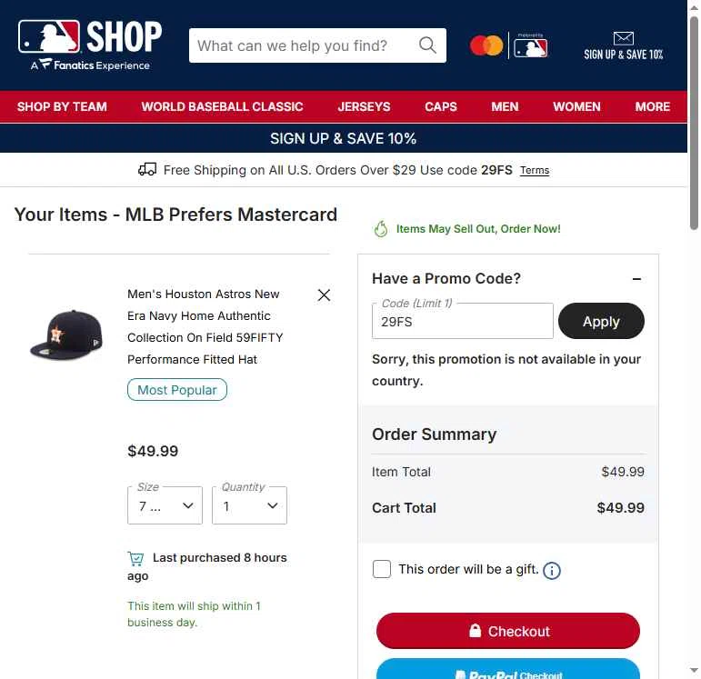 Houston Astros checkout page showing Houston Astros promo code box | Screenshot taken by SimplyCodes community member on Jan 31, 2026
