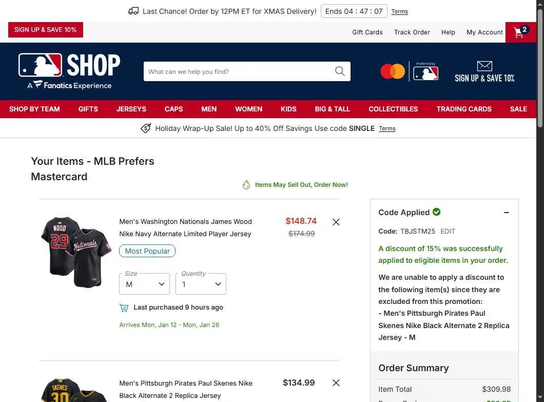 Houston Astros checkout page showing Houston Astros promo code box | Screenshot taken by SimplyCodes community member on Dec 22, 2025