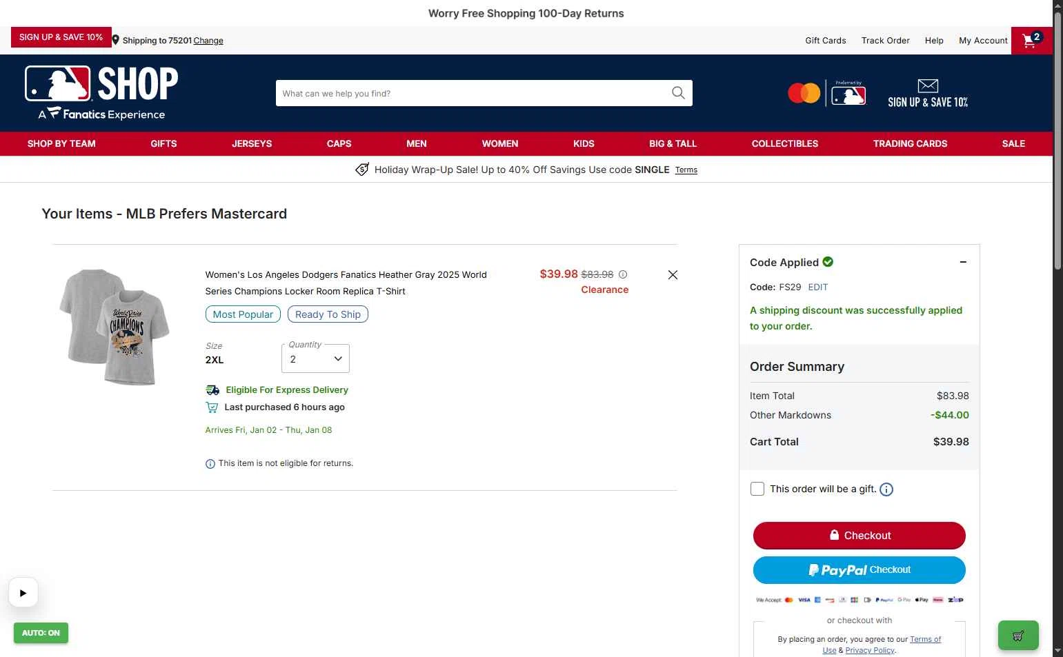 Houston Astros checkout page showing Houston Astros promo code box | Screenshot taken by SimplyCodes community member on Dec 29, 2025