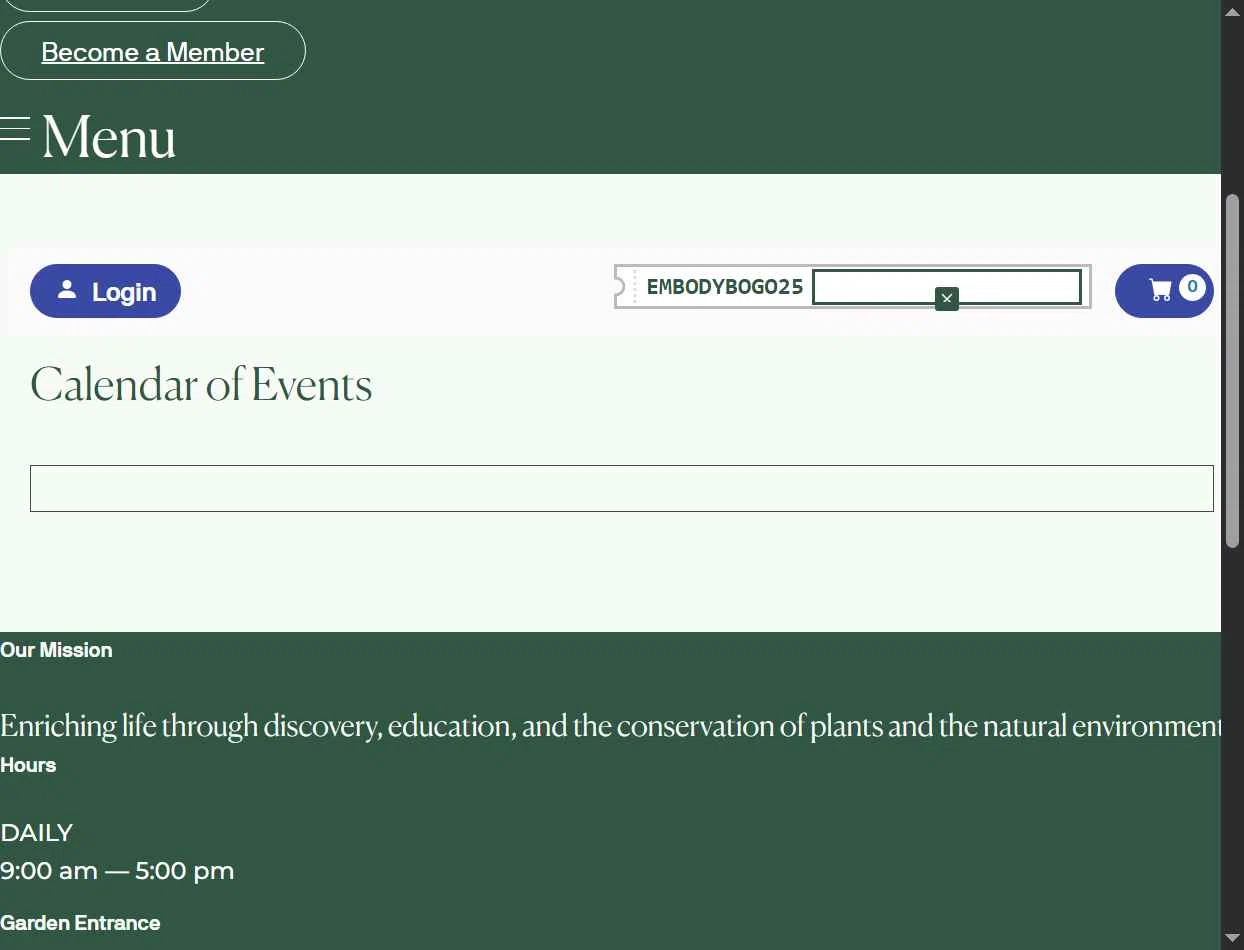 Houston Botanic Garden checkout page showing Houston Botanic Garden promo code box | Screenshot taken by SimplyCodes community member on Aug 19, 2025