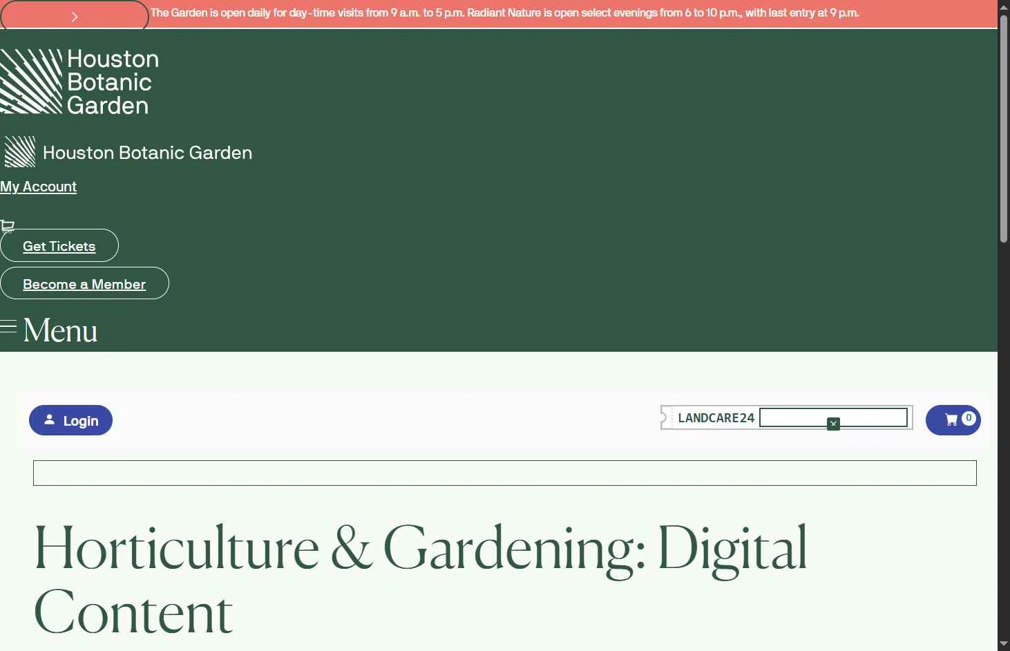Houston Botanic Garden checkout page showing Houston Botanic Garden promo code box | Screenshot taken by SimplyCodes community member on Dec 7, 2025