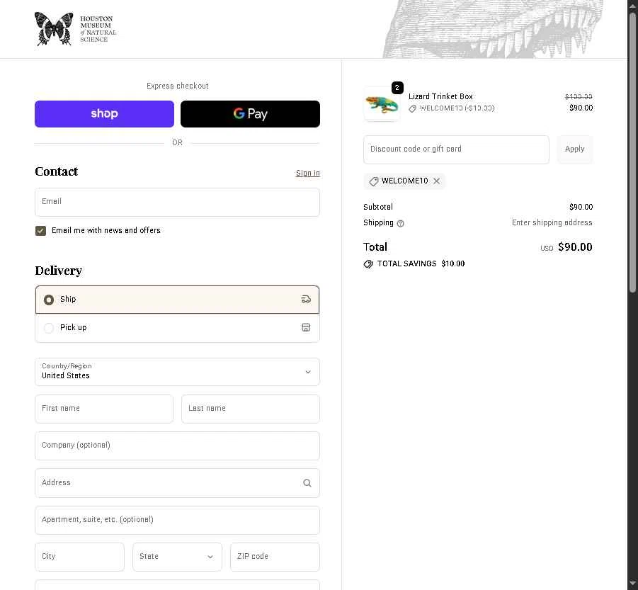 Houston Museum of Natural Science checkout page showing Houston Museum of Natural Science coupon code box | Screenshot taken by SimplyCodes community member on Nov 20, 2025