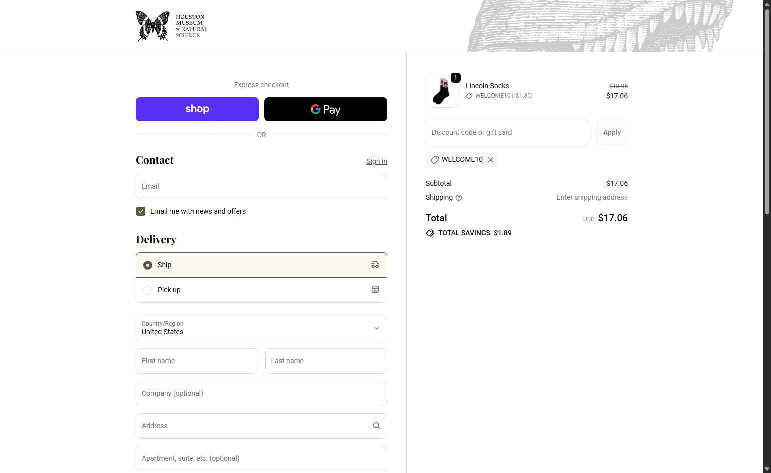 Houston Museum of Natural Science checkout page showing Houston Museum of Natural Science coupon code box | Screenshot taken by SimplyCodes community member on Jan 17, 2026