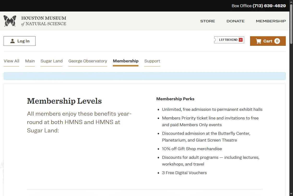 Houston Museum of Natural Science checkout page showing Houston Museum of Natural Science coupon code box | Screenshot taken by SimplyCodes community member on Dec 10, 2025