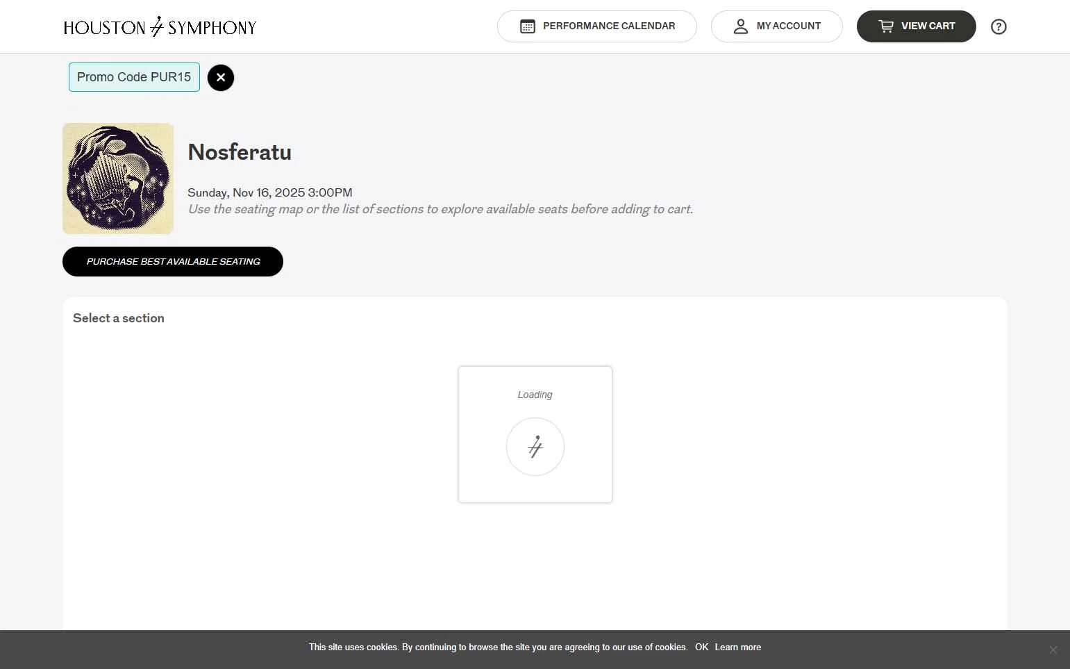 Houston Symphony checkout page showing Houston Symphony promo code box | Screenshot taken by SimplyCodes community member on Nov 7, 2025
