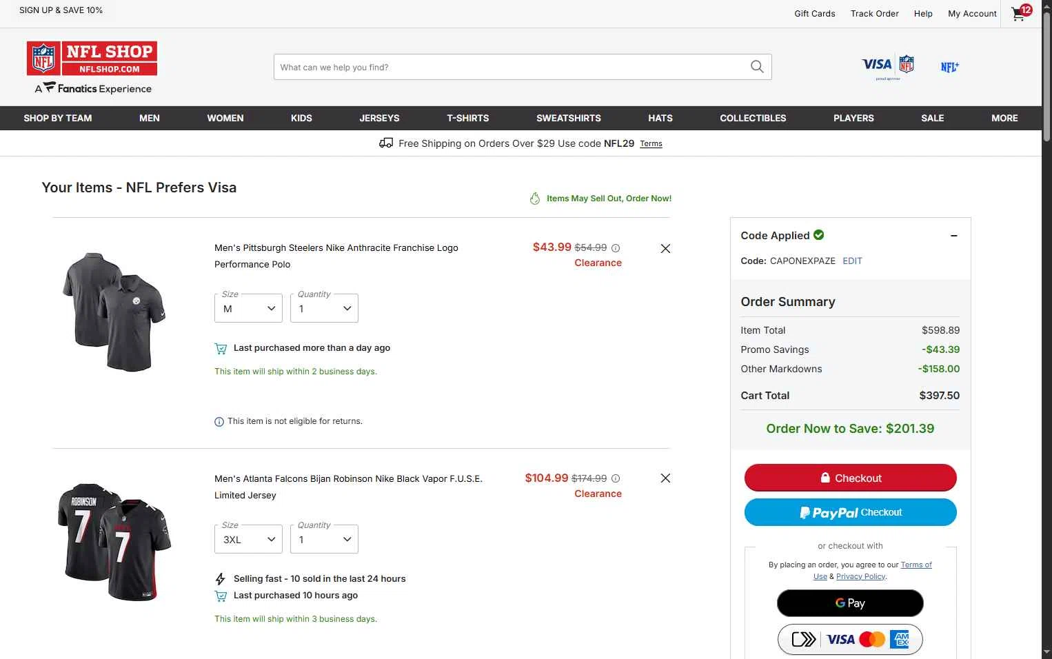 Houston Texans checkout page showing Houston Texans promo code box | Screenshot taken by SimplyCodes community member on Jan 24, 2026