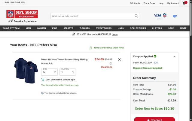 Houston Texans checkout page showing Houston Texans promo code box | Screenshot taken by SimplyCodes community member on Oct 2, 2025