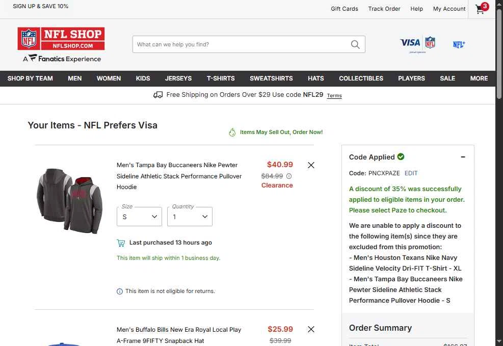 Houston Texans checkout page showing Houston Texans promo code box | Screenshot taken by SimplyCodes community member on Jan 16, 2026