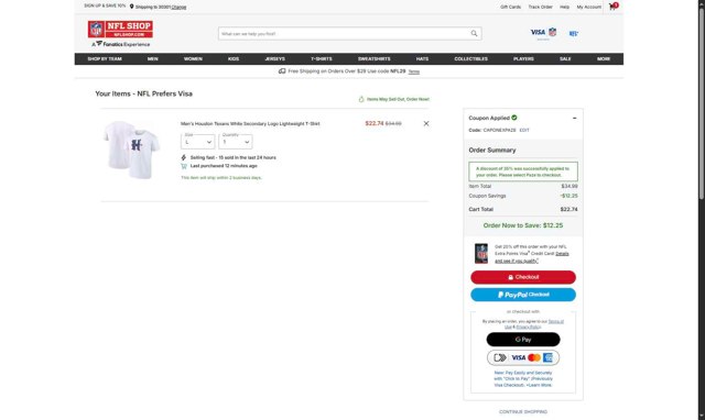 Houston Texans checkout page showing Houston Texans promo code box | Screenshot taken by SimplyCodes community member on Sep 2, 2025