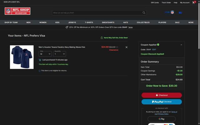 Houston Texans checkout page showing Houston Texans promo code box | Screenshot taken by SimplyCodes community member on Sep 24, 2025