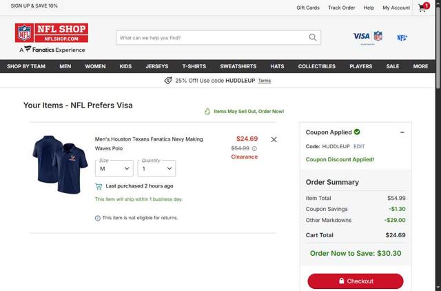 Houston Texans checkout page showing Houston Texans promo code box | Screenshot taken by SimplyCodes community member on Oct 2, 2025