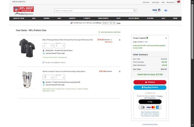 Houston Texans checkout page showing Houston Texans promo code box | Screenshot taken by SimplyCodes community member on Sep 6, 2025