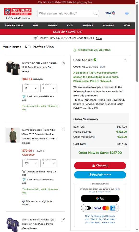 Houston Texans checkout page showing Houston Texans promo code box | Screenshot taken by SimplyCodes community member on Dec 18, 2025