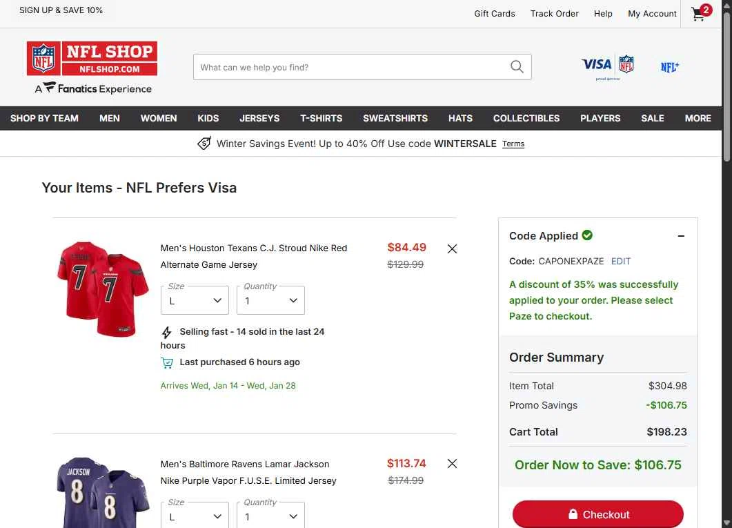 Houston Texans checkout page showing Houston Texans promo code box | Screenshot taken by SimplyCodes community member on Dec 26, 2025