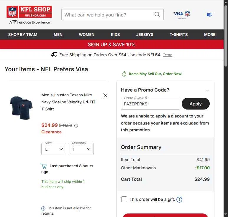 Houston Texans checkout page showing Houston Texans promo code box | Screenshot taken by SimplyCodes community member on Feb 18, 2026