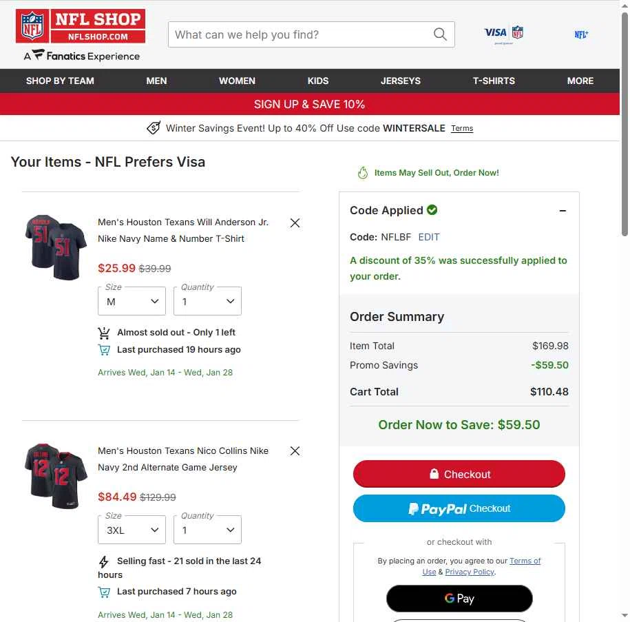 Houston Texans checkout page showing Houston Texans promo code box | Screenshot taken by SimplyCodes community member on Dec 26, 2025