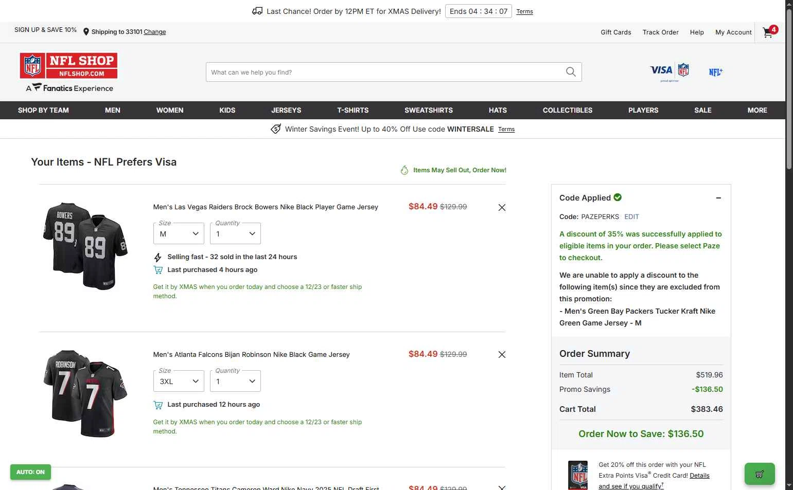 Houston Texans checkout page showing Houston Texans promo code box | Screenshot taken by SimplyCodes community member on Dec 22, 2025