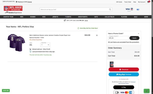 Houston Texans checkout page showing Houston Texans promo code box | Screenshot taken by SimplyCodes community member on Sep 26, 2025