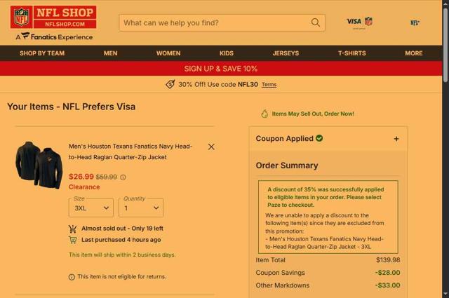 Houston Texans checkout page showing Houston Texans promo code box | Screenshot taken by SimplyCodes community member on Sep 30, 2025