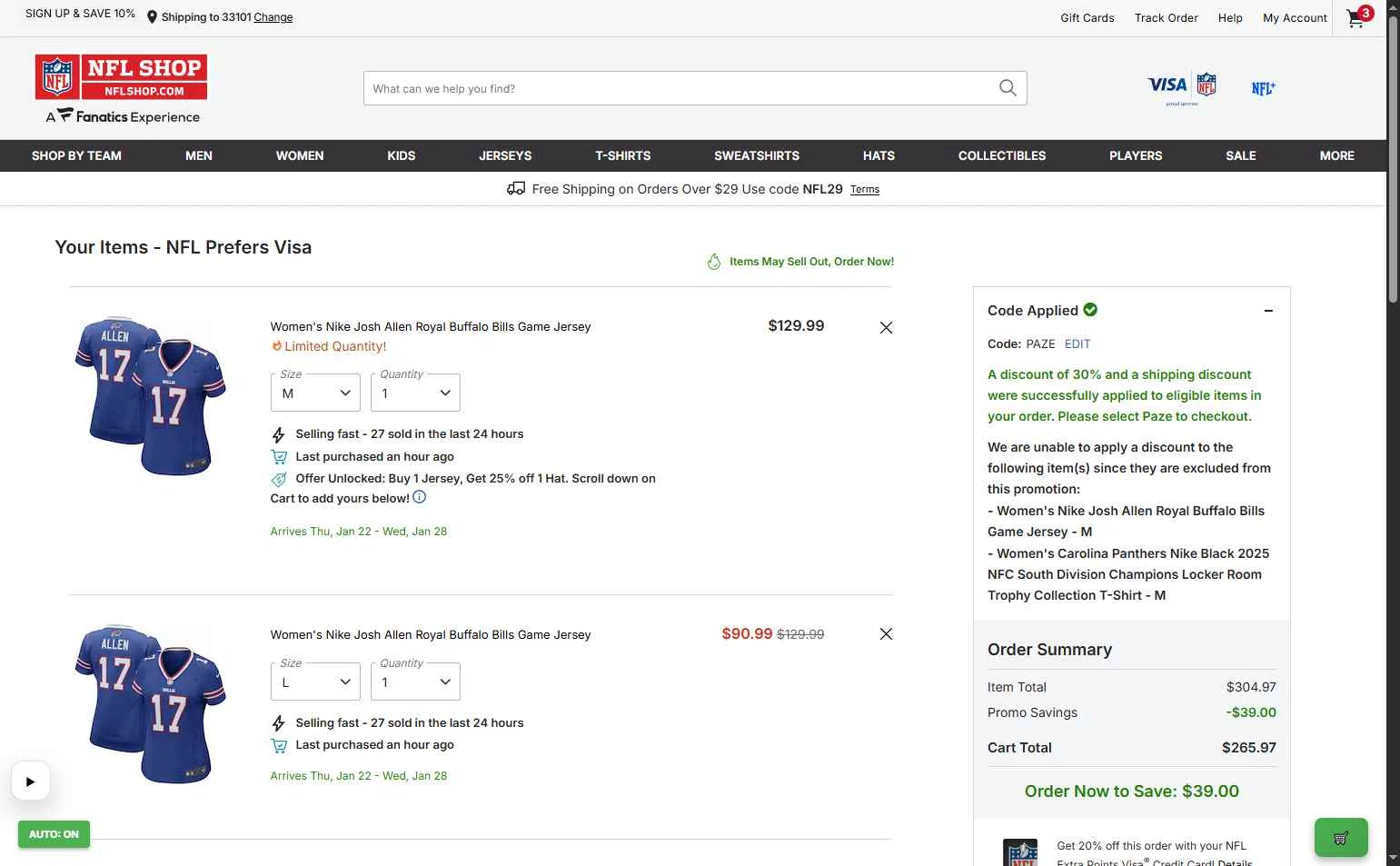 Houston Texans checkout page showing Houston Texans promo code box | Screenshot taken by SimplyCodes community member on Jan 6, 2026