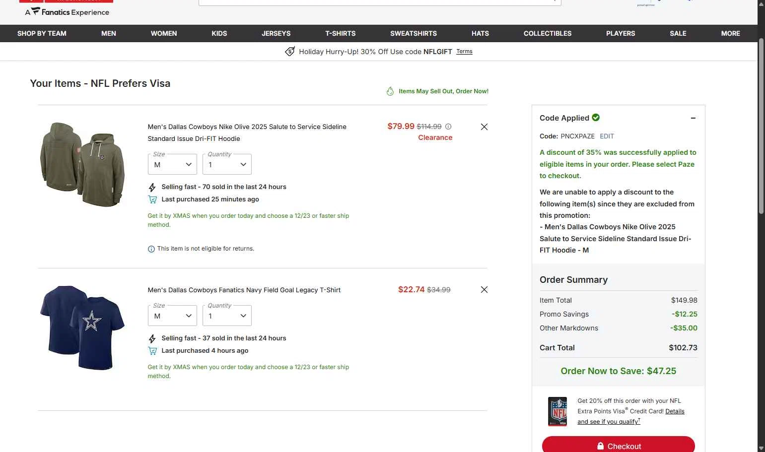 Houston Texans checkout page showing Houston Texans promo code box | Screenshot taken by SimplyCodes community member on Dec 18, 2025