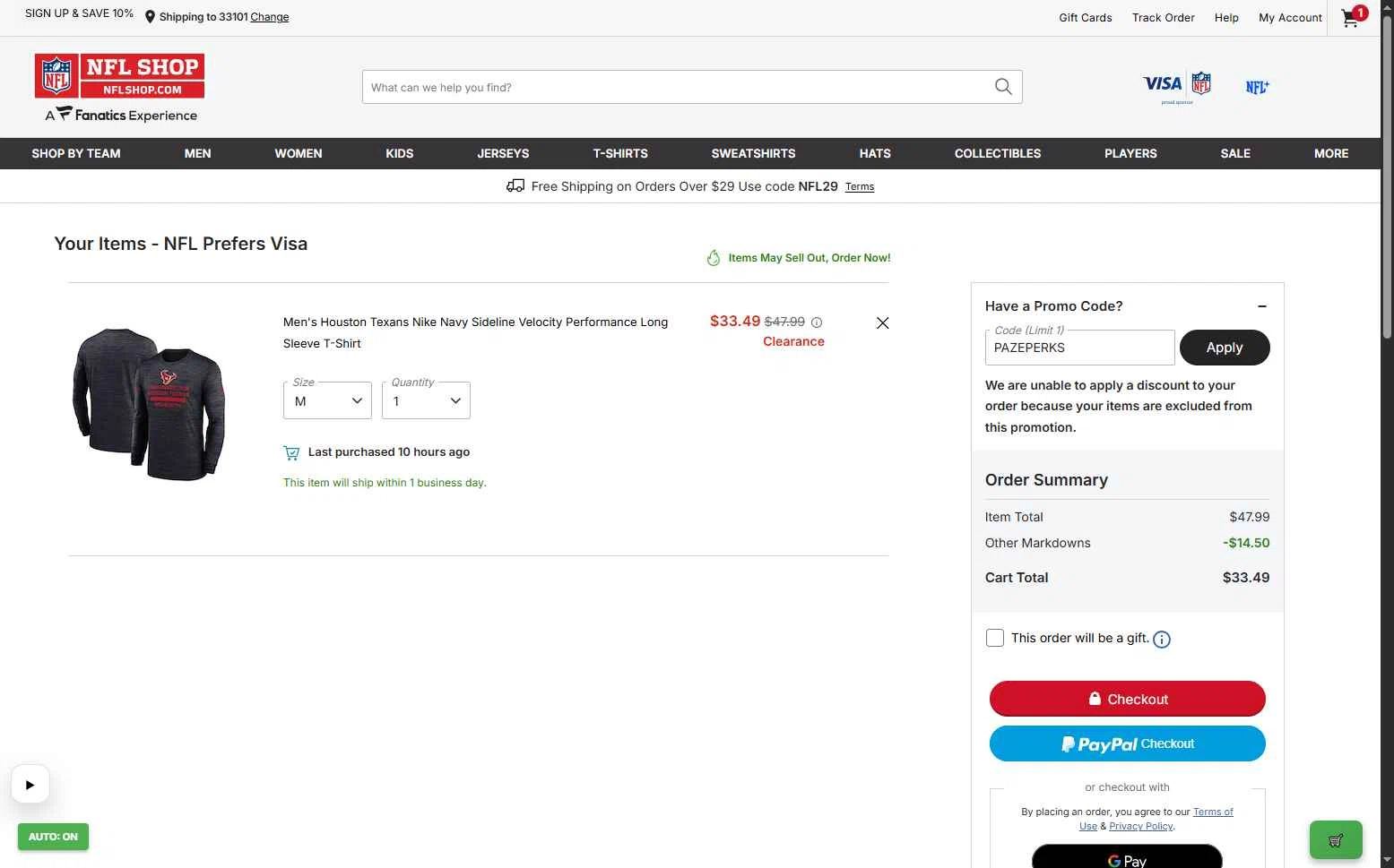 Houston Texans checkout page showing Houston Texans promo code box | Screenshot taken by SimplyCodes community member on Jan 20, 2026