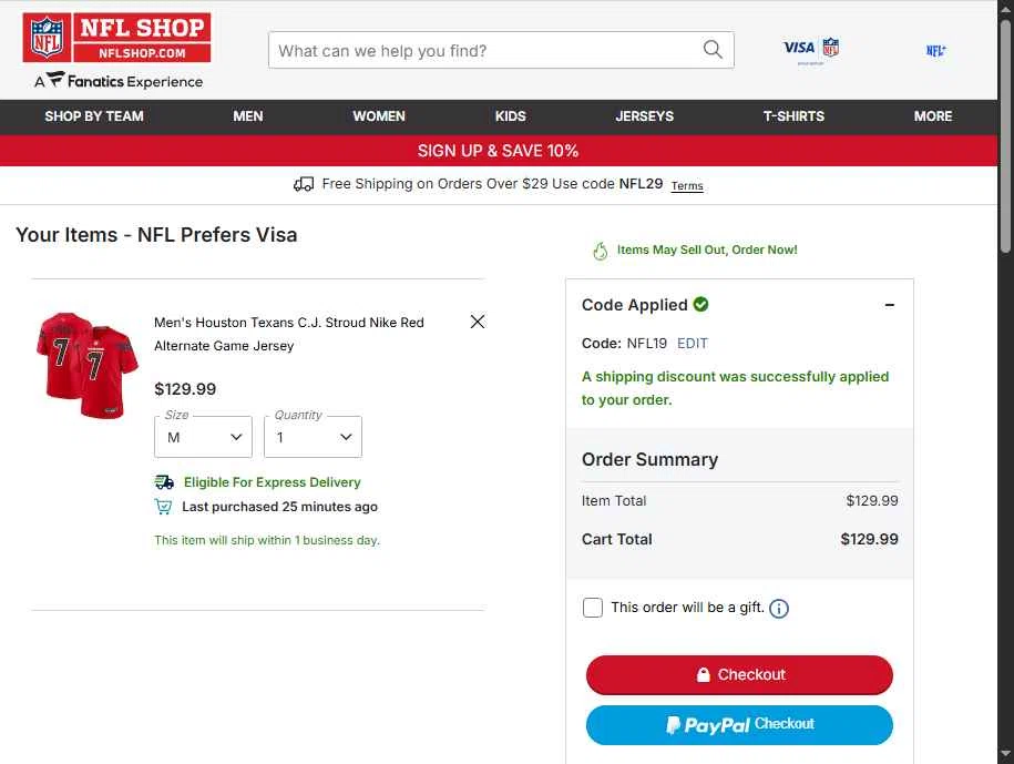 Houston Texans checkout page showing Houston Texans promo code box | Screenshot taken by SimplyCodes community member on Jan 8, 2026