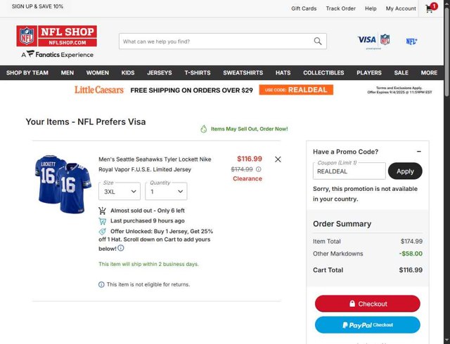 Houston Texans checkout page showing Houston Texans promo code box | Screenshot taken by SimplyCodes community member on Sep 4, 2025